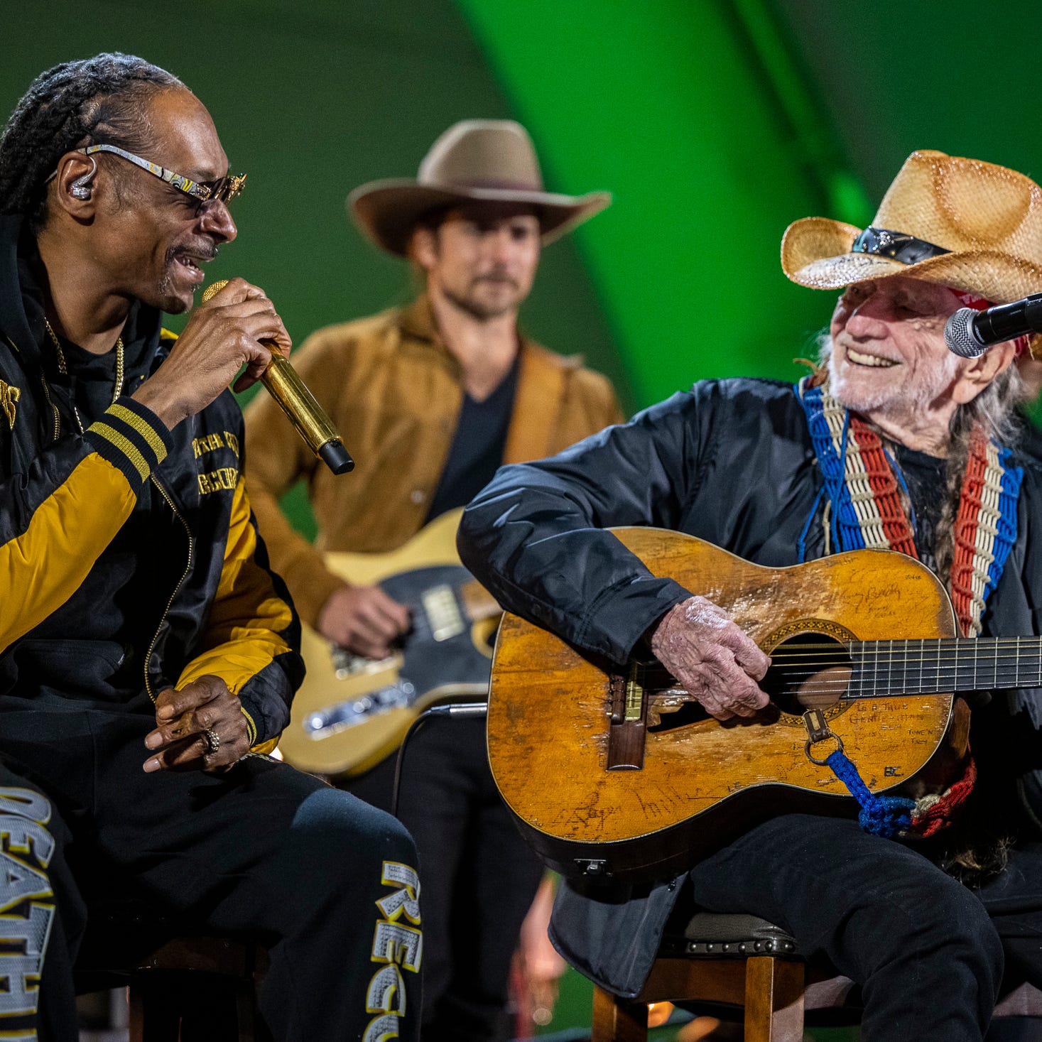 Snoop Dogg and Willie Nelson perform at the music legend's 90th birthday celebration at the Hollywood Bowl.