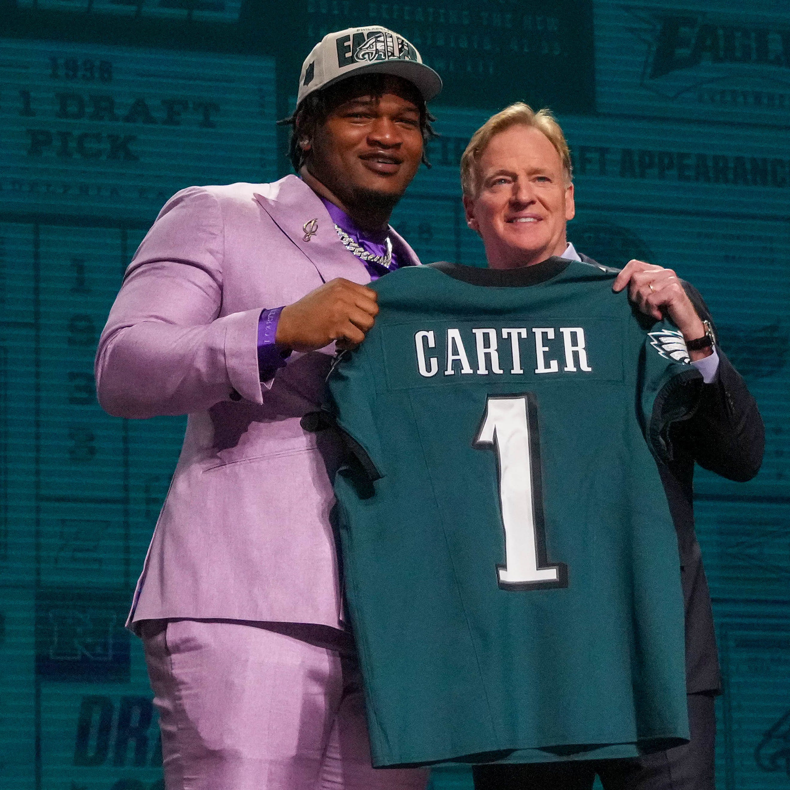 Georgia defensive lineman Jalen Carter with NFL commissioner Roger Goodell after being selected by the Philadelphia Eagles ninth overall in the first round of the 2023 NFL Draft at Union Station.