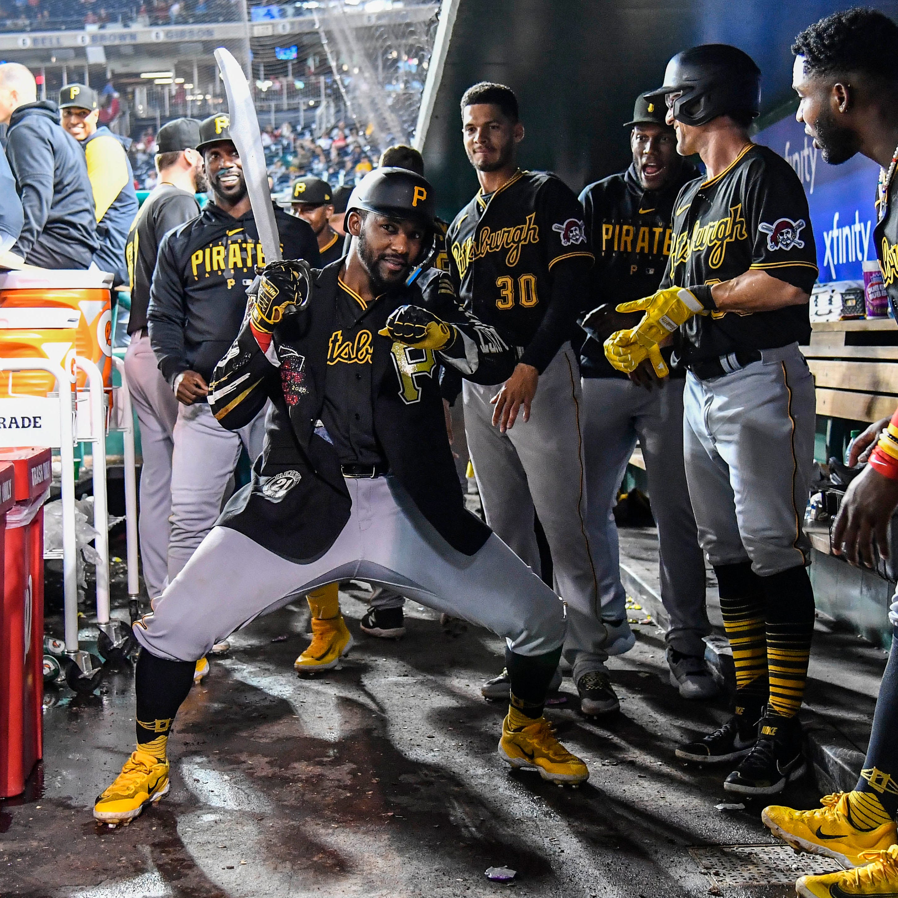 Pirates' Miguel Andujar celebrates after hitting a home run against the Nationals.