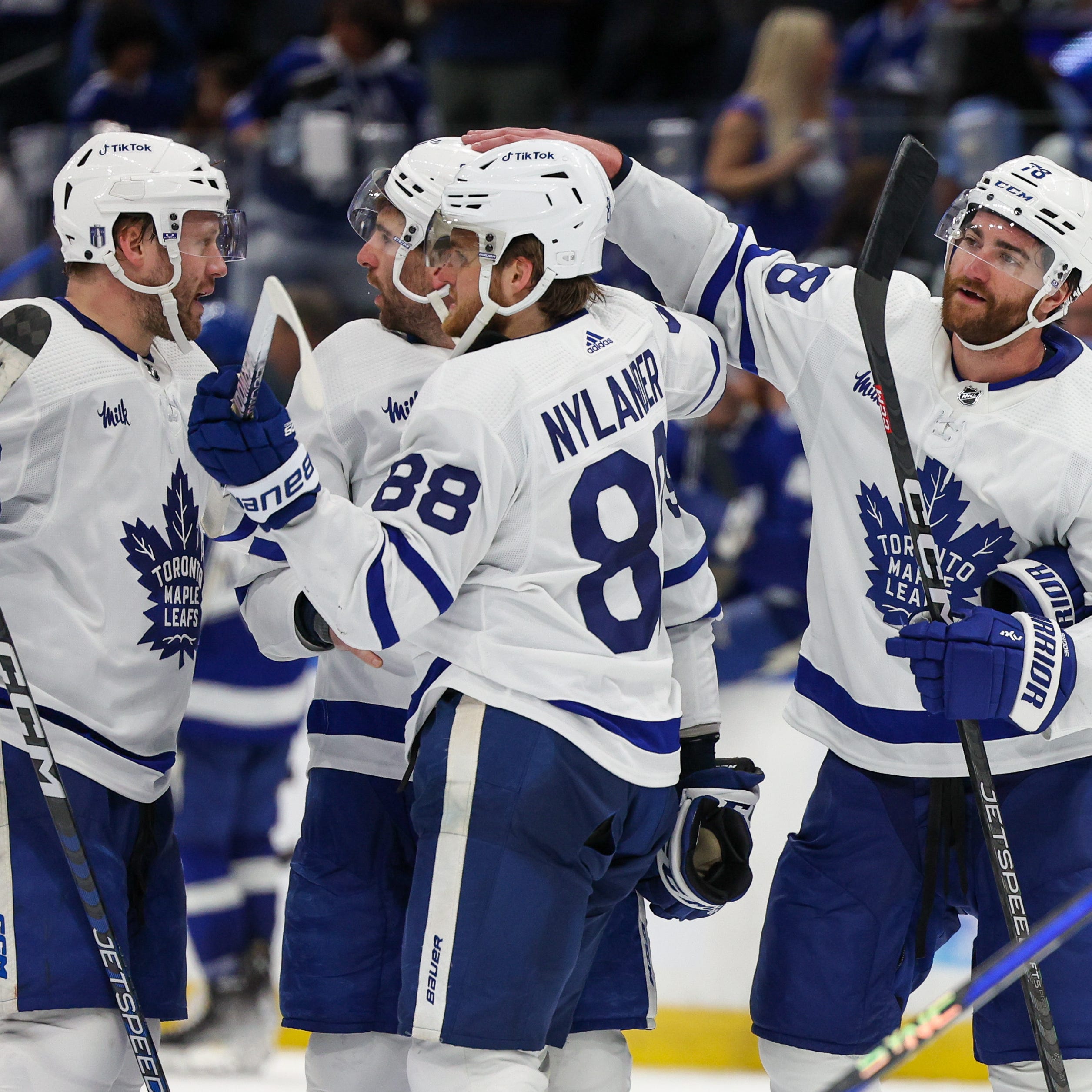 The Toronto Maple Leafs celebrate after beating the Tampa Bay Lightning in overtime during Game 6.
