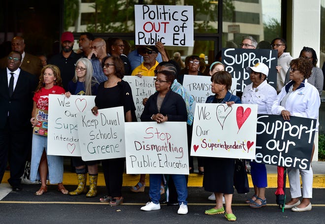 Around 50 supporters of Duval County School's superintendent Diana Greene gathered April 24 outside the Duval Public Schools administrative building on Jacksonville's Southbank to speak about what they see as political efforts to remove Greene from her job.