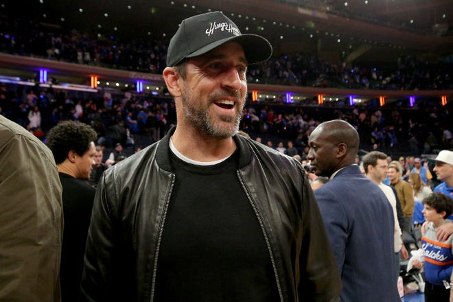 New York Jets quarterback Aaron Rodgers attended Game 1 of the 2023 NBA Conference Semifinals playoffs between the New York Knicks and Miami Heat on Sunday at Madison Square Garden.