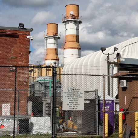A New York Power Authority Peaker Plant (the two towers) is pictured near East 132nd Street in the South Bronx, May 2, 2023. 