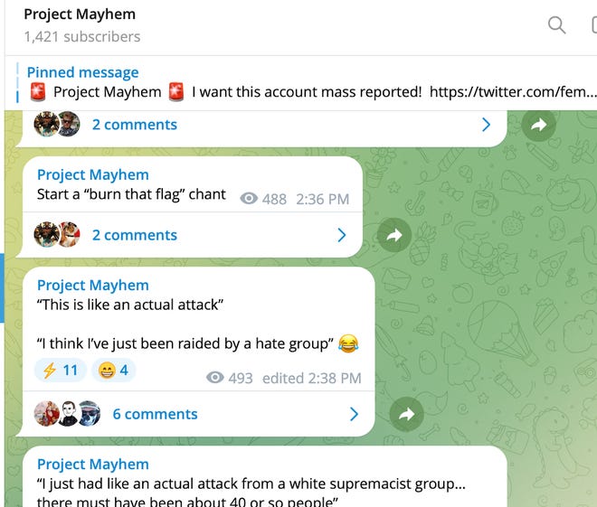 A screenshot from the Project Mayhem Telegram channel, which recently disappeared from the platform, shows users bragging about upsetting their targets.