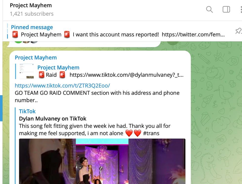 A screenshot from the Project Mayhem Telegram channel, which recently disappeared from the platform, shows participants targeting transgender activist Dylan Mulvaney's TikTok.