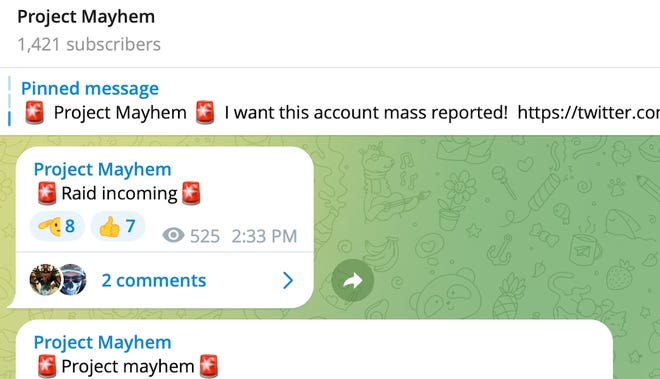 A screenshot from the Project Mayhem channel on Telegram , which recently disappeared from the platform.