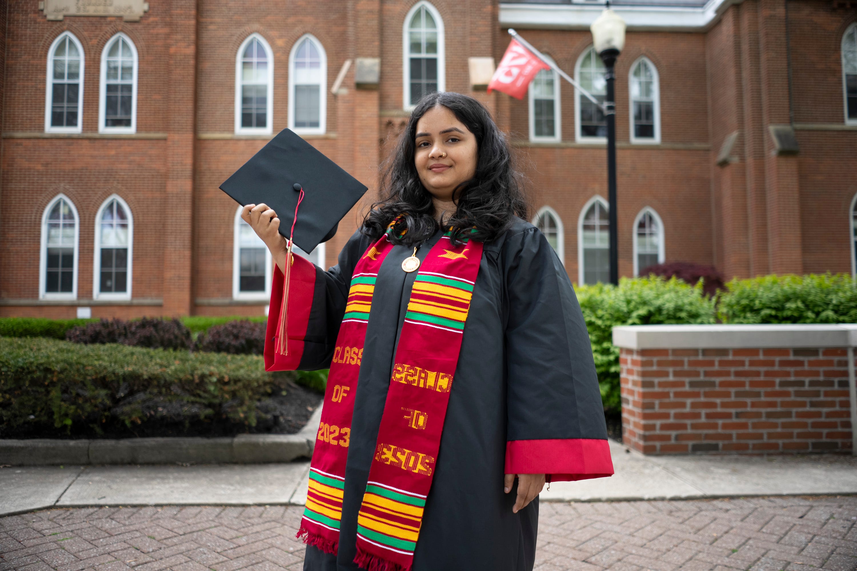 May 4, 2023; Westerville, Ohio, United States;  Bhawana Khatiwada, a first generation student born in Nepal, graduated Otterbein University in 2023 with a degree in computer science and communication. “I’ve always wanted to work in higher education but I’ve always loved technology,” Khatiwada said. She recently accepted job position as a program analyst at Denison University, and is excited for the opportunity to help other first generation students. Mandatory Credit: Joseph Scheller-The Columbus Dispatch