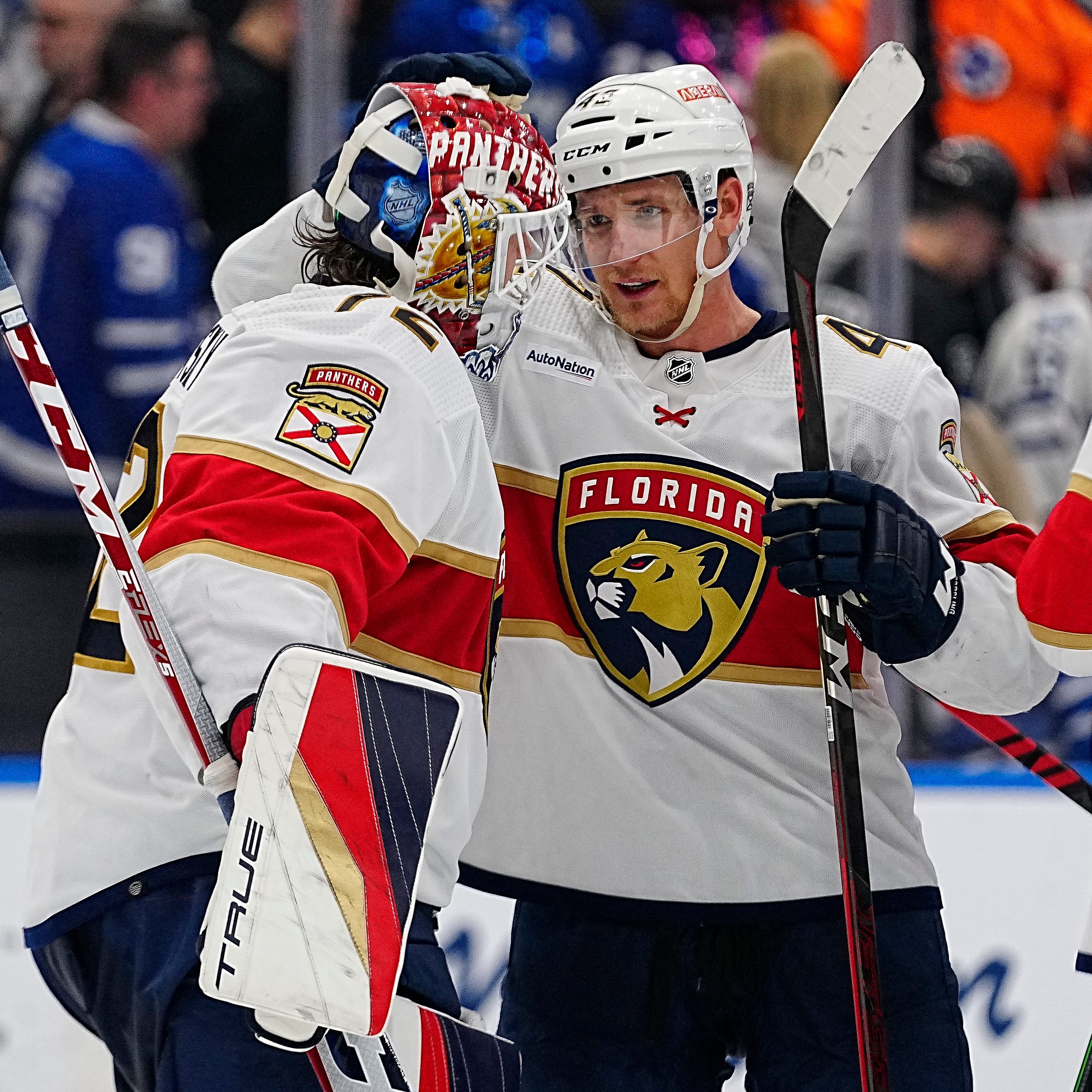 Florida Panthers defenseman Gustav Forsling congratulates goaltender Sergei Bobrovsky after a 3-2 win over the Toronto Maple Leafs in Game 2.