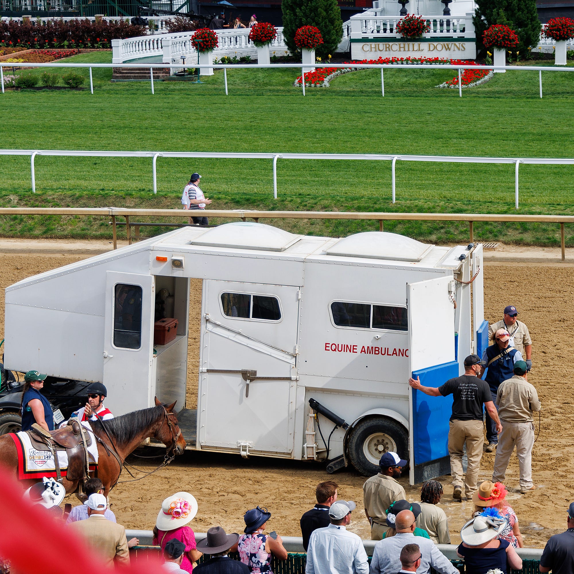 An equine ambulance leaves the track after Race 10 at Churchill Downs on Saturday, May 6,2023