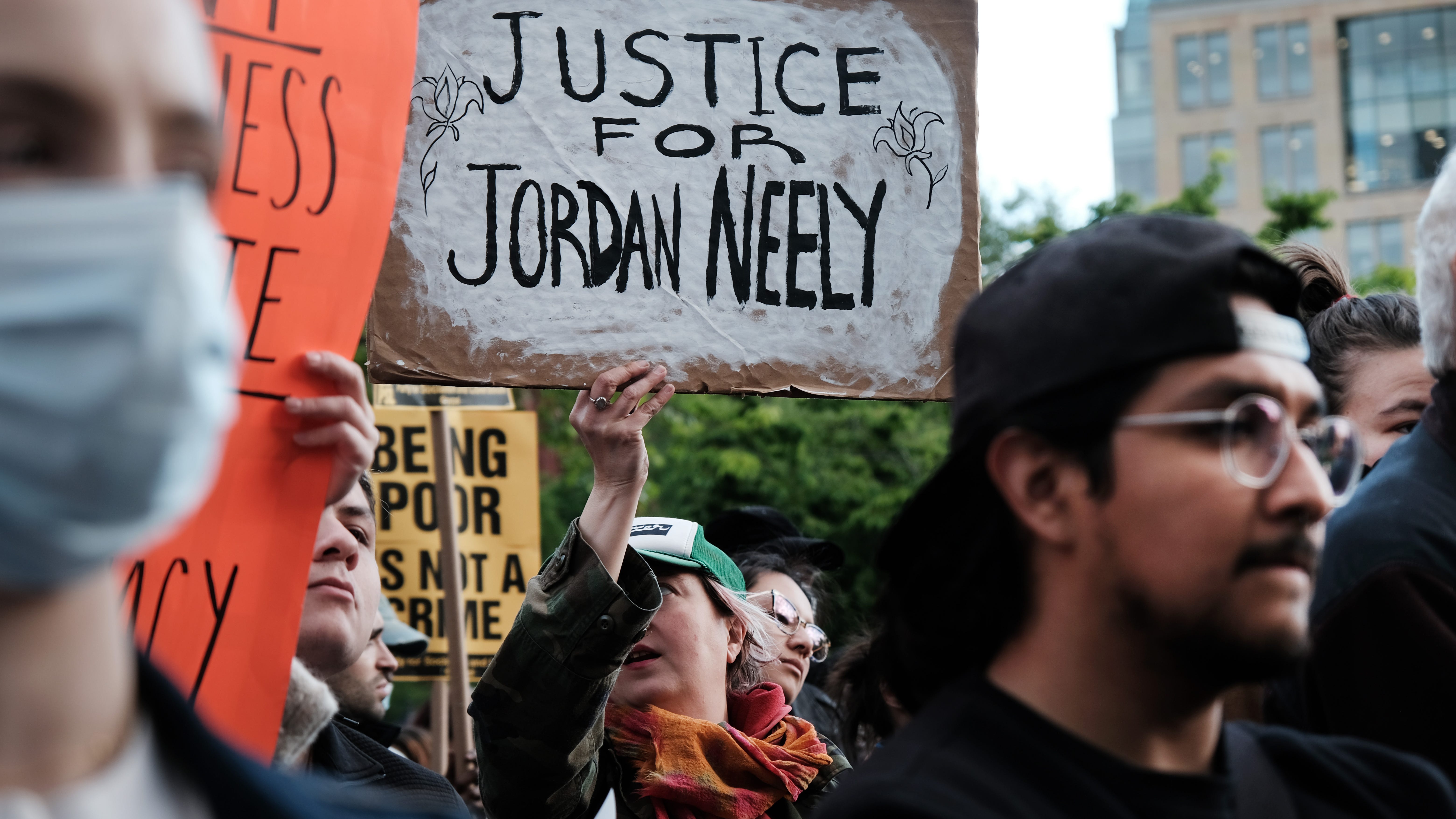 NEW YORK, NEW YORK - MAY 05: Protesters gather for a "Justice for Jordan Neely" rally in Washington Square Park on May 05, 2023 in New York City. According to police and a witness account, Neely, who was 30 years old and residing in a shelter, died after being placed in a chokehold by a 24-year-old man on a subway train in New York City on Monday. Increasingly, activists are calling for the man who used the chokehold on Neely to be apprehended. (Photo by Spencer Platt/Getty Images) ORG XMIT: 775974812 ORIG FILE ID: 1487850958