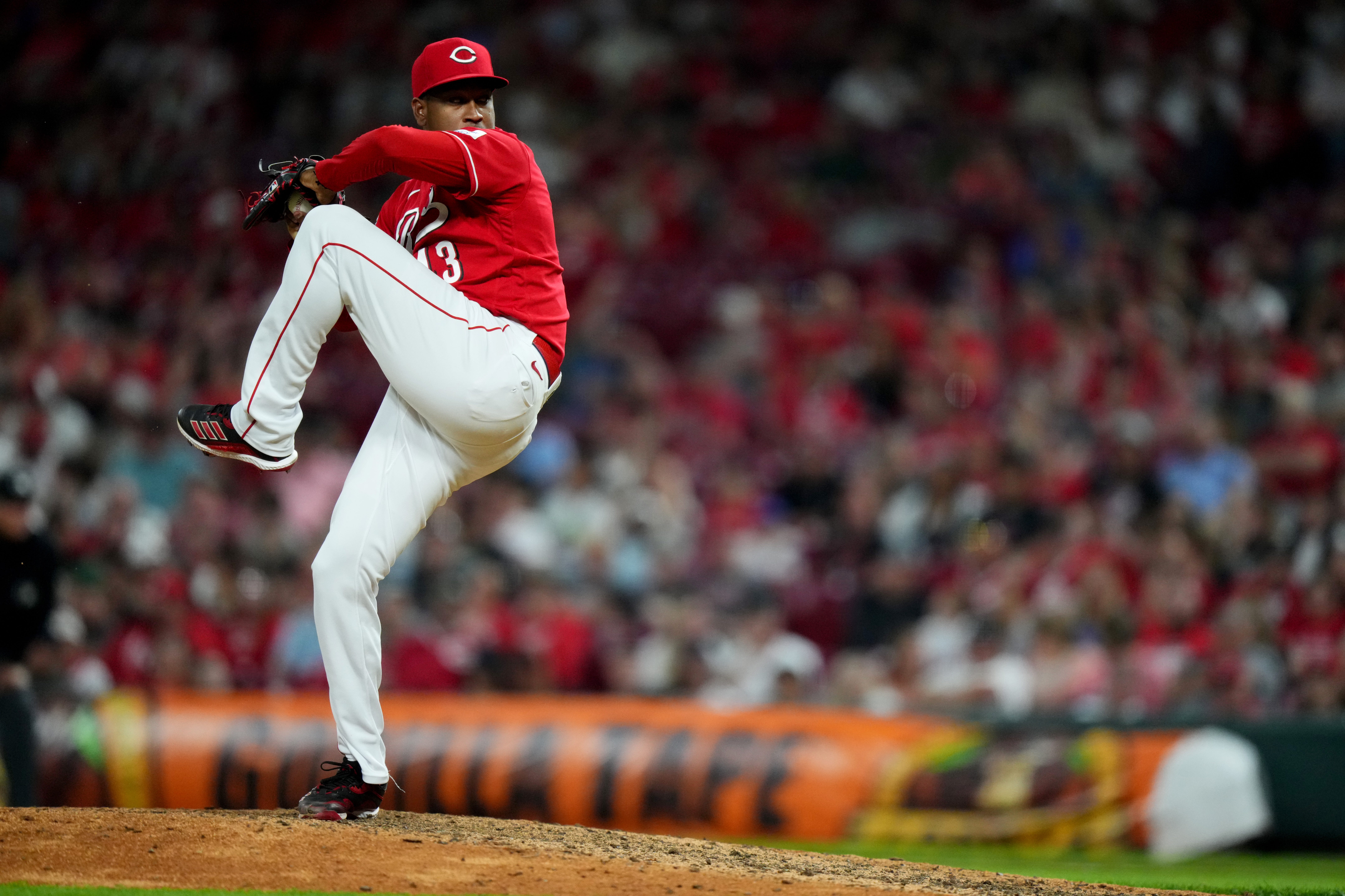 Cincinnati Reds relief pitcher Alexis Diaz (43) delivers in the ninth inning during a baseball game between the Chicago White Sox and the Cincinnati Reds, Saturday, May 6, 2023, at Great American Ball Park in Cincinnati. The Cincinnati Reds won, 5-3. 