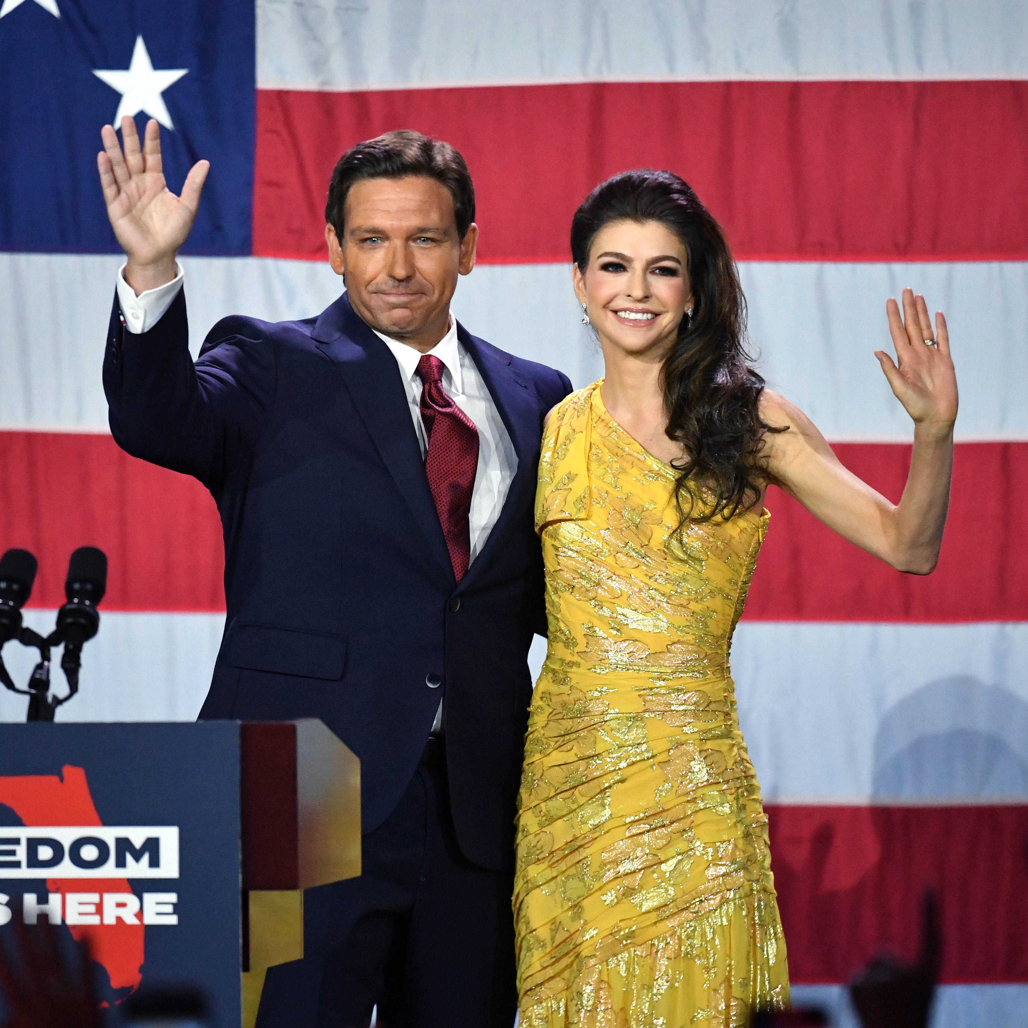Florida Gov. Ron DeSantis, with his wife, Casey, delivers his victory speech Tuesday night, Nov. 8, 20220 at the Tampa Convention Center.
