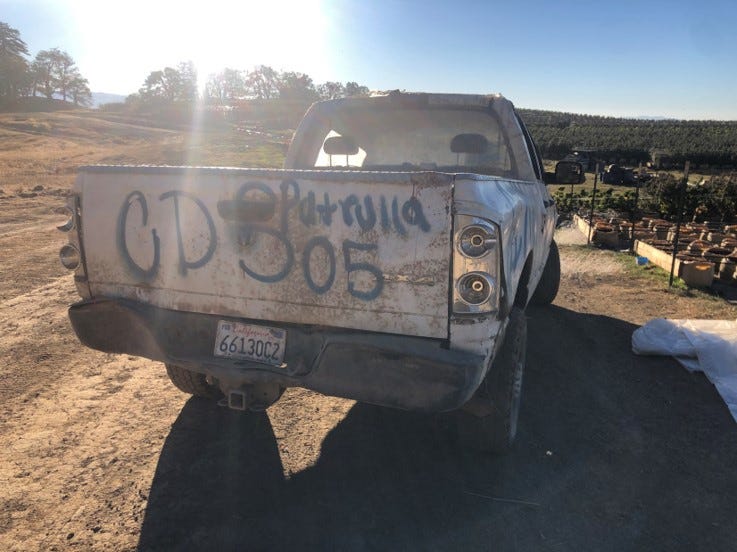 Trinity County Sheriff's investigators in Northern California spotted a truck spray painted with CDS Patrulla, Spanish for Cartel de Sinaloa patrol.