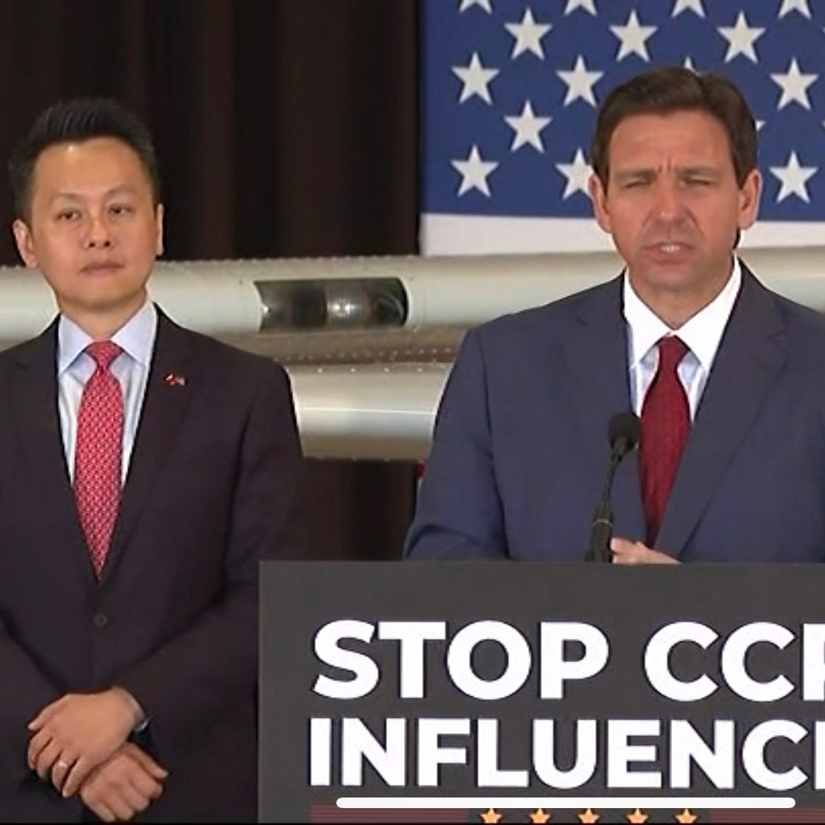 Gov. Ron DeSantis on Monday, May 8, 2023, at a press conference in Hernando County, where he signed multiple bills targeted adversarial countries.