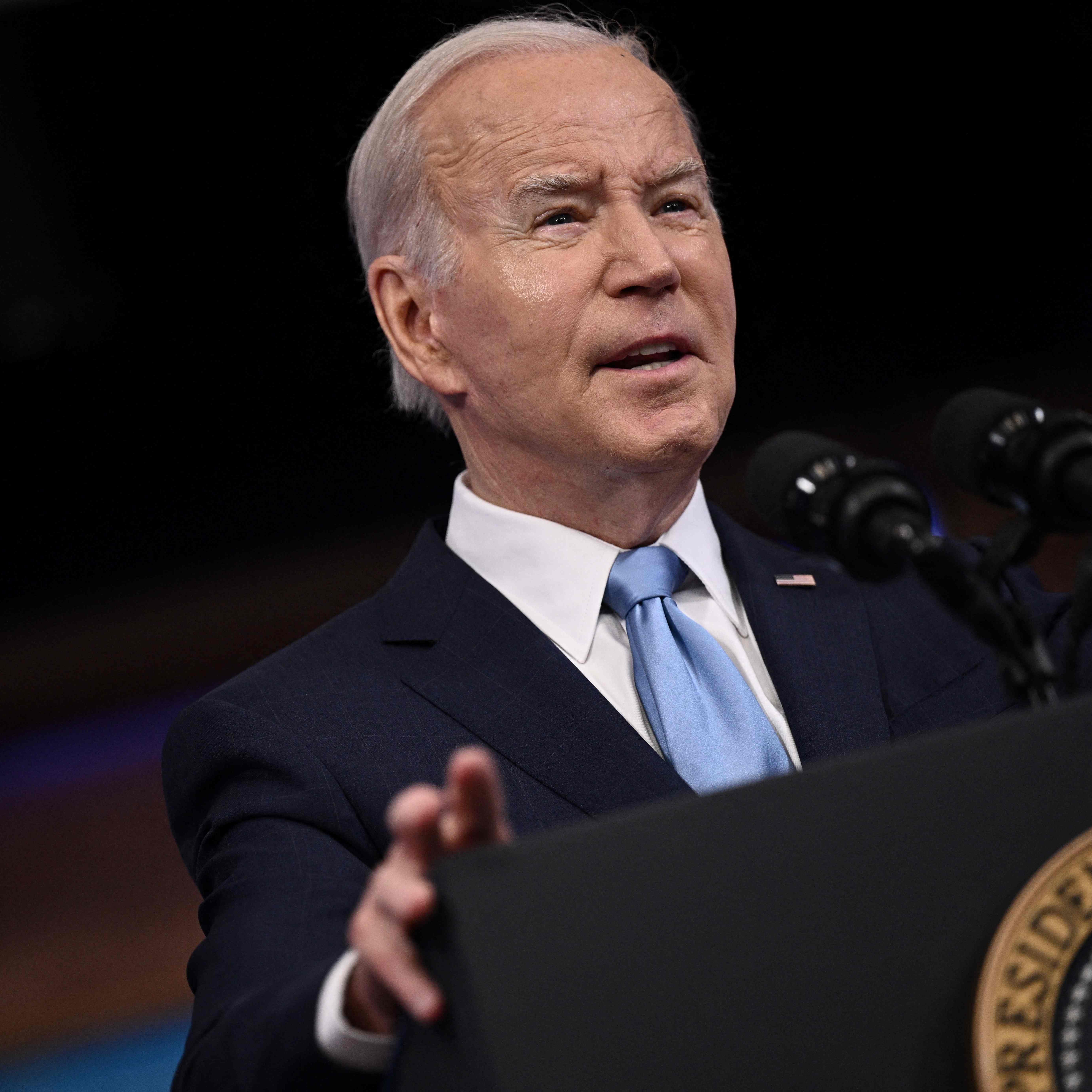 US President Joe Biden delivers remarks on protecting consumers when there are flight delays or cancellations in Washington, DC, on May 8, 2023. (Photo by Brendan SMIALOWSKI / AFP) (Photo by BRENDAN SMIALOWSKI/AFP via Getty Images) ORIG FILE ID: AFP_33EN7JC.jpg