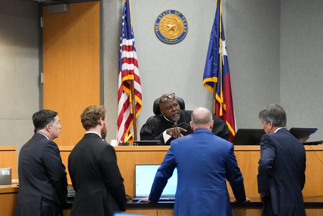 Judge Clifford Brown speaks with the defense and prosecution in the 147th District Courtroom at the Travis County Justice Center Tuesday, May 9, 2023. Judge Clifford Brown will sentence Daniel Perry who was found guilty of murdering Austin protestor Garrett Foster in 2020.