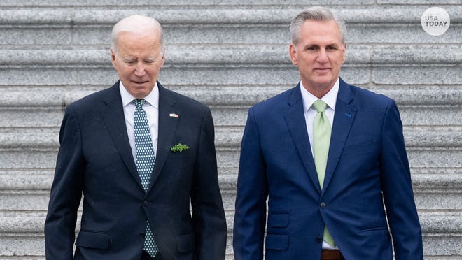 FILE- In this file photo taken on March 17, 2023, US President Joe Biden and US Speaker of the House Kevin McCarthy, Republican of California, depart after the annual Friends of Ireland luncheon at the US Capitol in Washington, DC. - President Joe Biden will convene a high-stakes meeting with Republican leaders on May 9, 2023, in hopes of breaking an impasse over the US debt limit -- with repercussions that could extend to next year's presidential election.