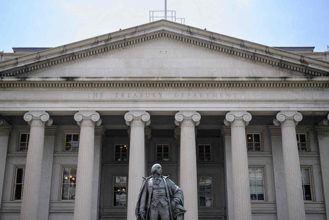 The US Treasury Department in Washington, DC, on May 8, 2023. - US Treasury Secretary Janet Yellen warned on May 7, 2023, that unless Congress acts soon to raise the nation's debt ceiling, "financial and economic chaos would ensue."