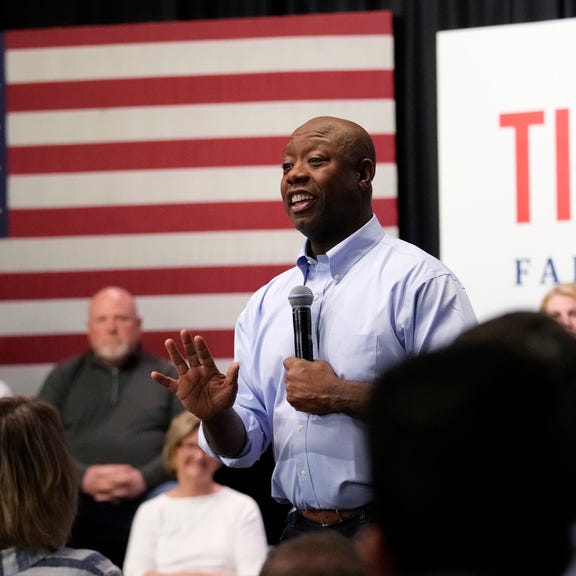Sen. Tim Scott, R-S.C., speaks during a town hall, Monday, May 8, 2023, in Manchester, N.H. Scott recently launched an exploratory committee for a 2024 GOP presidential bid, a step that comes just shy of making his campaign official.
