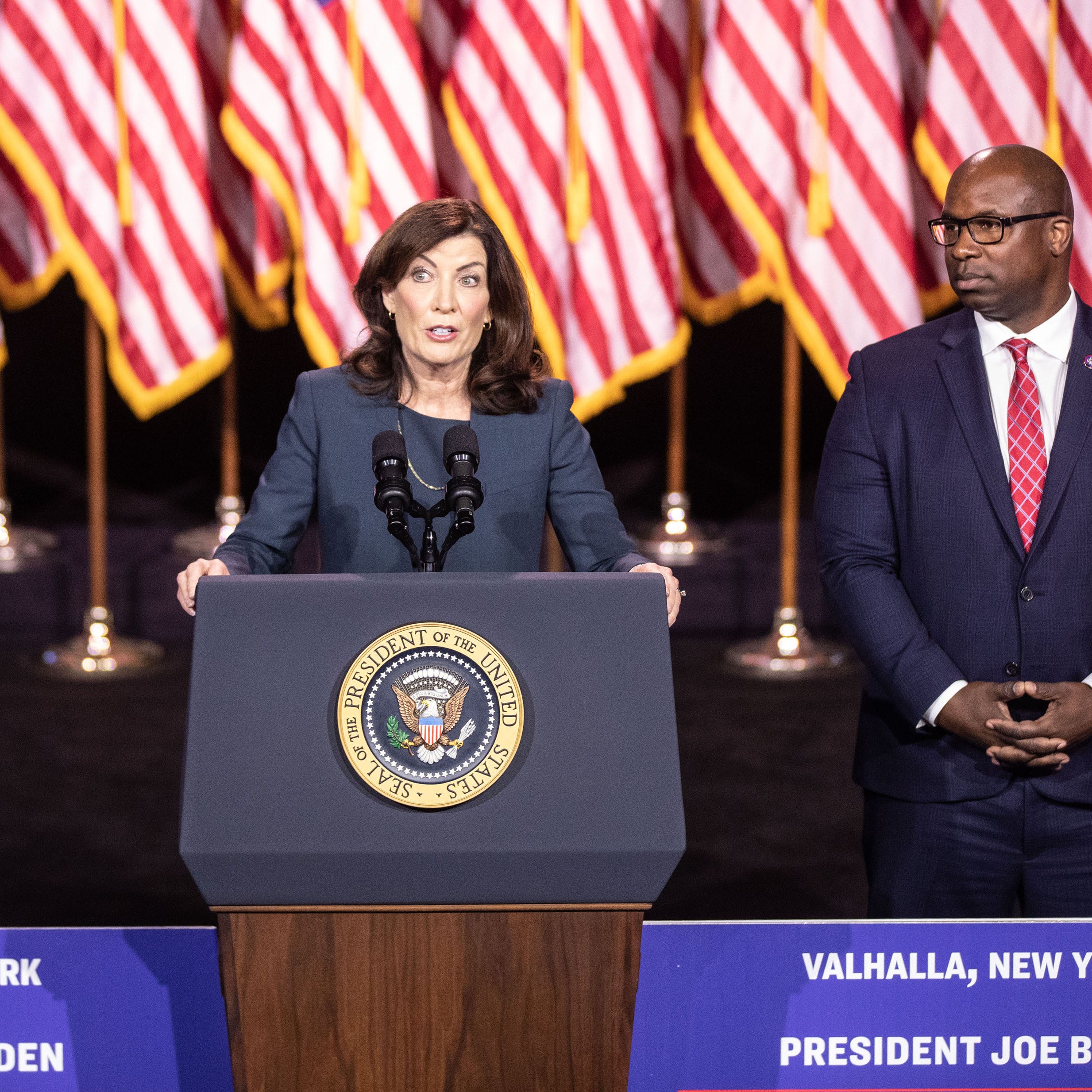 New York Governor Kathy Hochul speaks at Westchester Community College in Valhalla, N.Y. May 10, 2023. Hochul, along with Sen. Kirsten Gillibrand and U.S. Rep. Jamaal Bowman, spoke before President Joe Biden spoke. Biden urged the U.S. Congress to agree to raise the debt limit to avoid the nation defaulting on its debts.