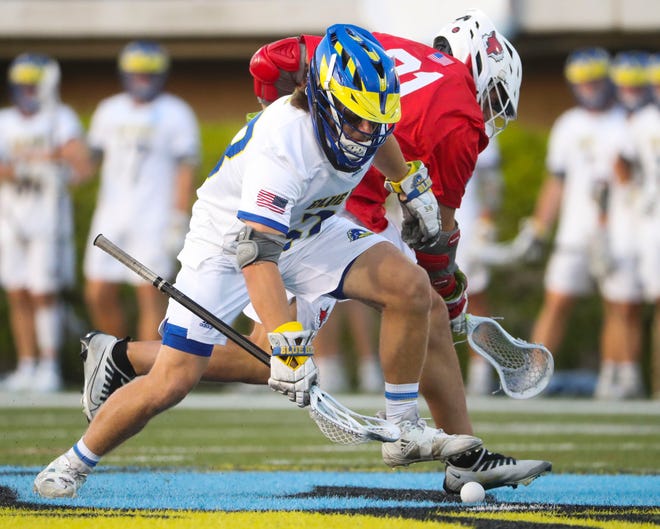 Delaware's Logan Premtaj comes away from a face-off with the ball during the first half of Delaware's 25-10 win against Marist in the opening round of the NCAA Division I lacrosse championship at Delaware Stadium, Wednesday, May 10, 2023.