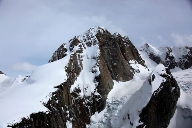 A photo provided by the National Park Service show the West Ridge climbing route of Moose's Tooth, a 10,300-foot peak in Denali National Park where officials are looking for two climbers. The two climbers missing in Alaska likely triggered a small avalanche while climbing and fell, coming to rest in a heavily crevassed glacier at the bottom of the slide path, officials said Tuesday, May 9, 2023.