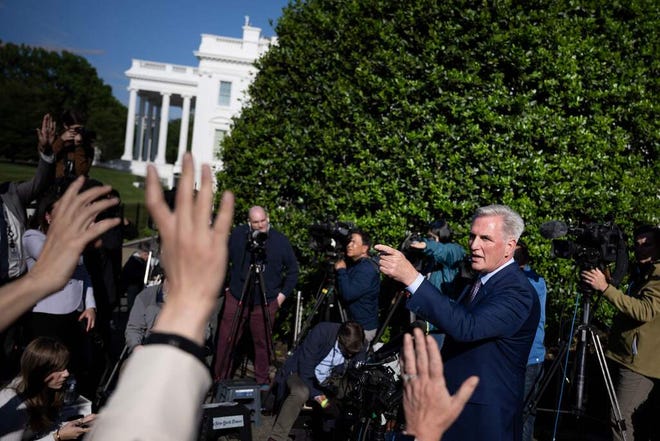 US Speaker of the House Kevin McCarthy, R-Calif., takes questions from reporters after a meeting about the United States's debt ceiling in the Oval Office of the White House May 9, 2023 in Washington, DC.
