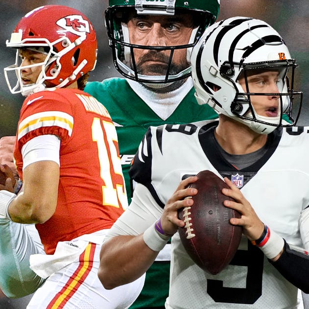 Left to right: Chiefs QB Patrick Mahomes, Jets QB Aaron Rodgers and Bengals QB Joe Burrow should be leading men for the NFL's 2023 season.
