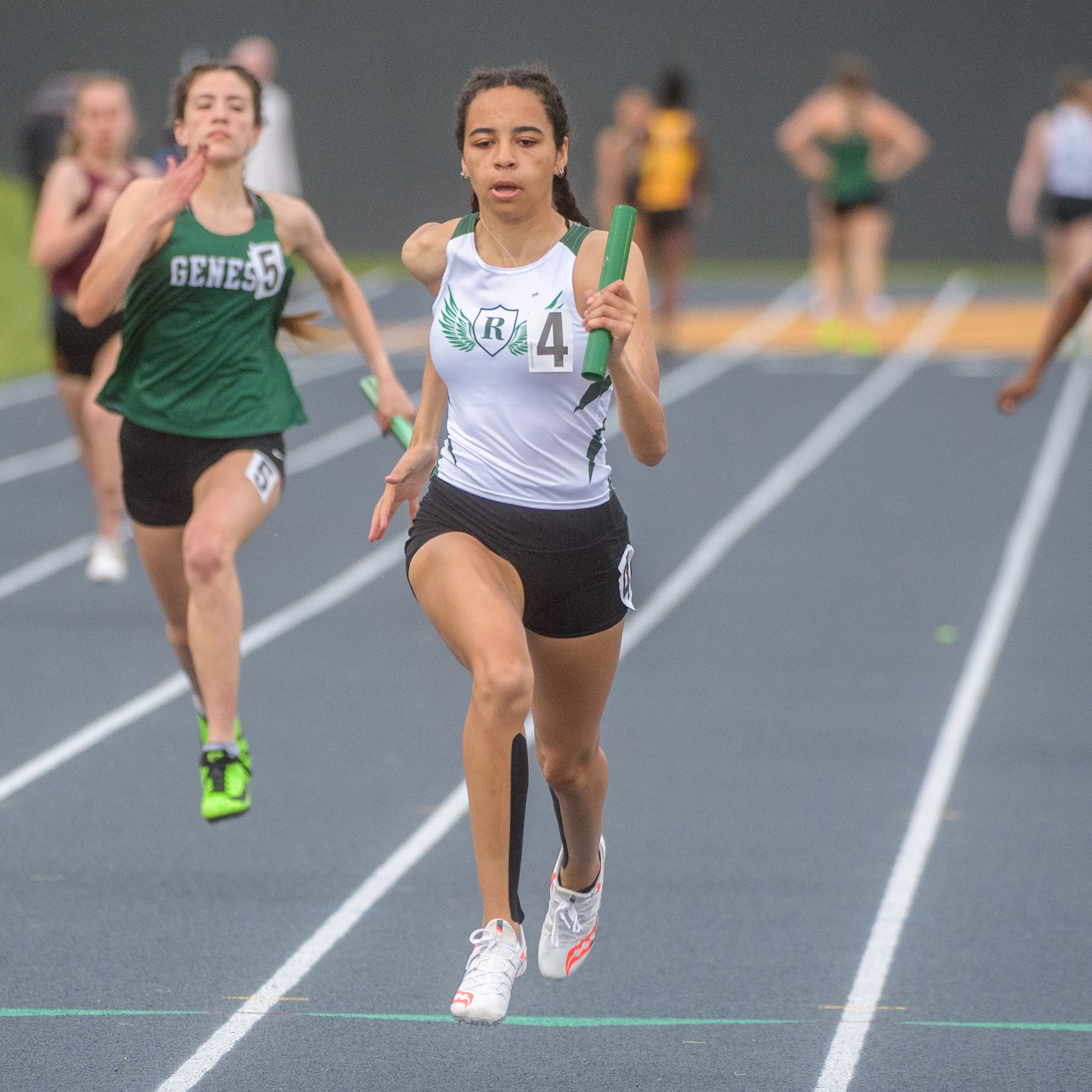 Lena Jackson sprints to the finish, and the win, as anchor for Richwoods' 4X100-meter relay team Thursday, May 11, 2023 at the Galesburg Sectional Track and Field Meet in Galesburg.