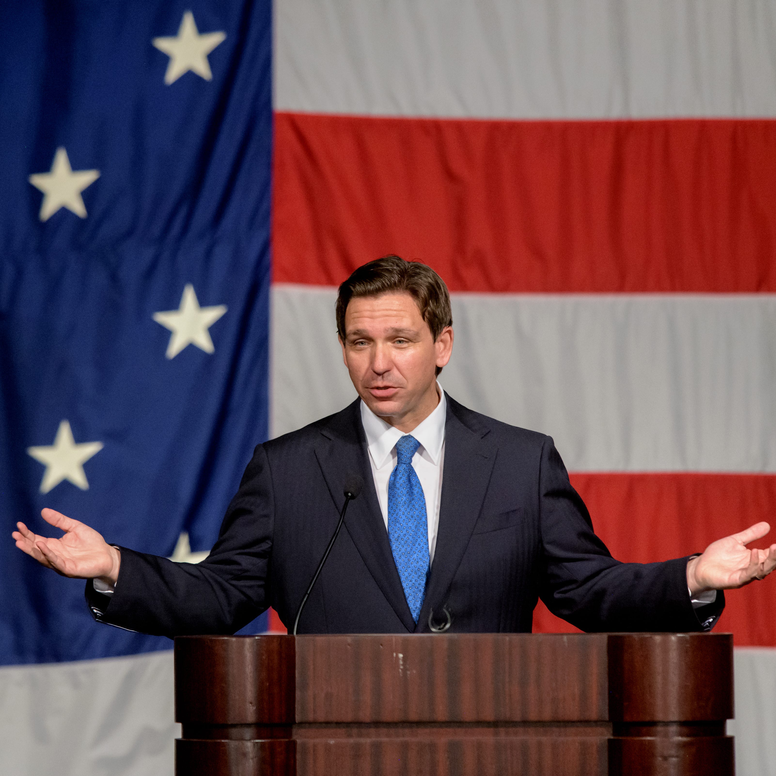 Florida Gov. Ron DeSantis gives the keynote address at the annual Lincoln Day Dinner on Friday, May 12, 2023 at the Peoria Civic Center.