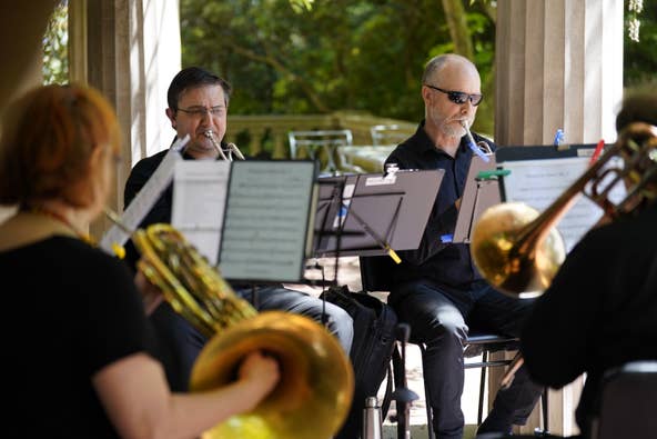 Trumpet players Anderson Romero, left, and Garth Greenup perform with the New Jersey Symphony Chamber Players during a Mother's Day concert at the Van Vleck House and Gardens in Montclair on Sunday, May 14, 2023.