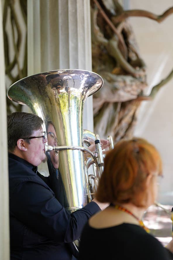 Derek Fenstermacher plays the tuba with the New Jersey Symphony Chamber Players during their performance honoring Mother's Day at the Van Vleck House and Gardens in Montclair on Sunday, May 14, 2023.
