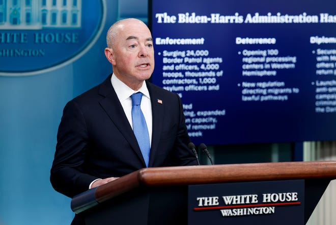 Secretary of Homeland Security Alejandro Mayorkas speaks during the daily news briefing at the James S. Brady Press Briefing Room of the White House on May 11, 2023 in Washington, DC. Mayorkas took questions from reporters about the expiration Title 42.