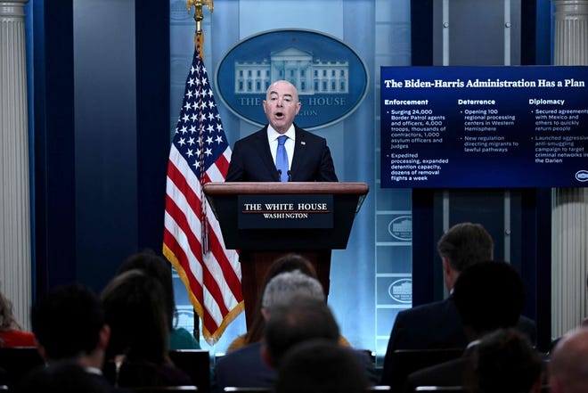 US Homeland Security Secretary Alejandro Mayorkas speaks during the daily press briefing in the James S Brady Press Briefing Room of the White House in Washington, DC, on May 11, 2023.