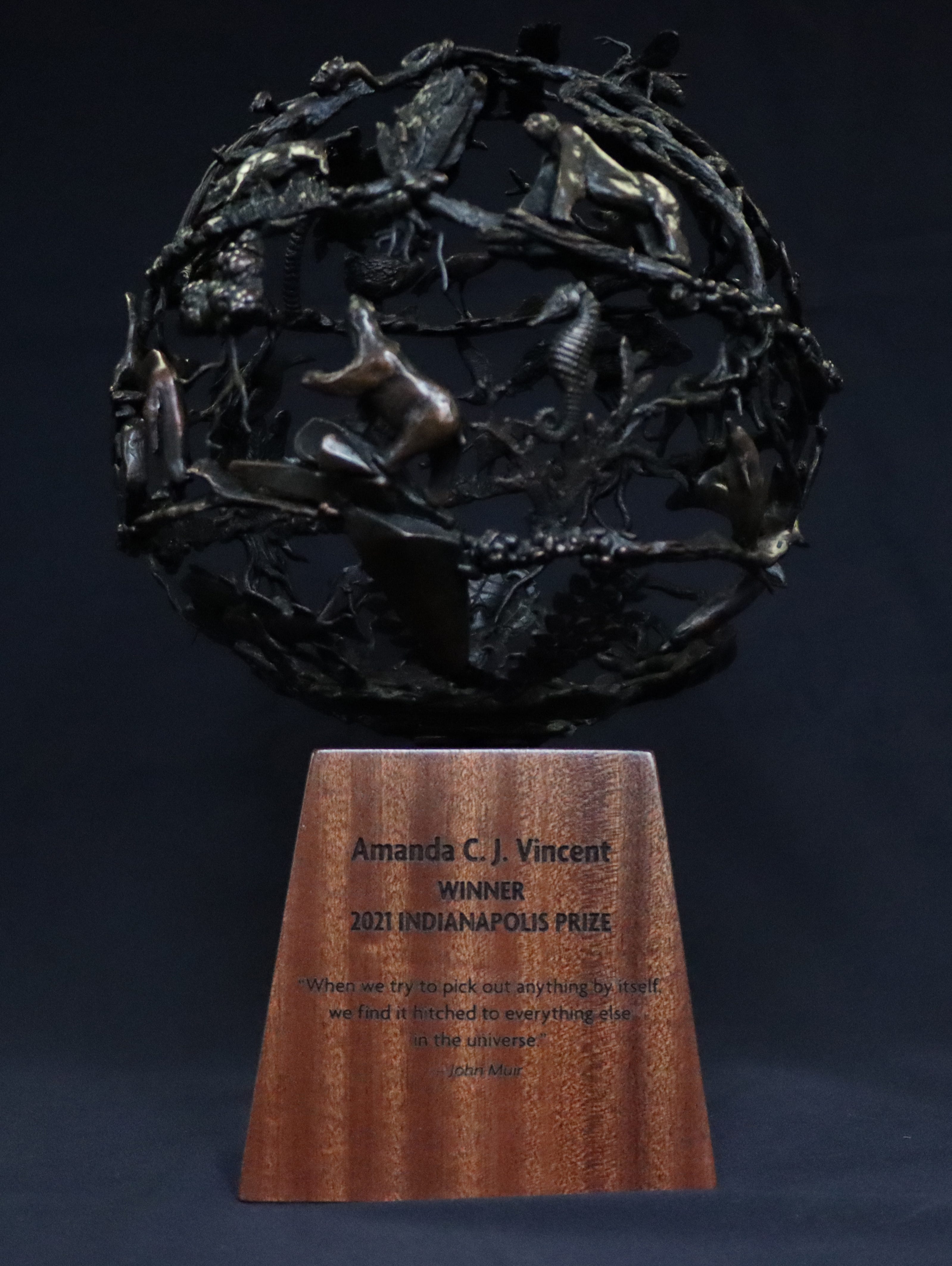 The Indianapolis Prize award, updated in 2021 when Amanda Vincent won the honor, was created by South African sculptor Bruce Little.