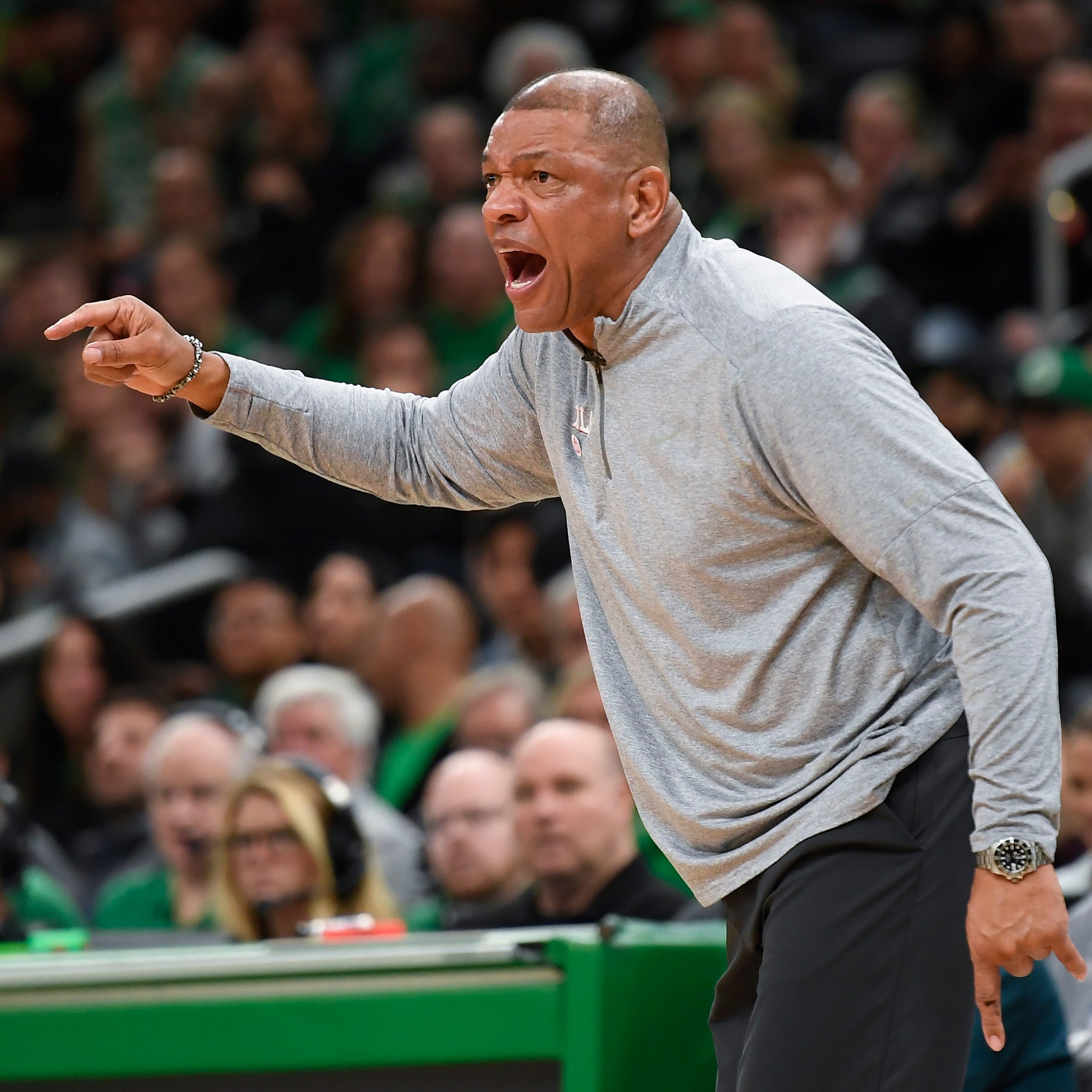 Sixers coach Doc Rivers yells instructions to his team during Game 1 of the conference semifinals against the Celtics.