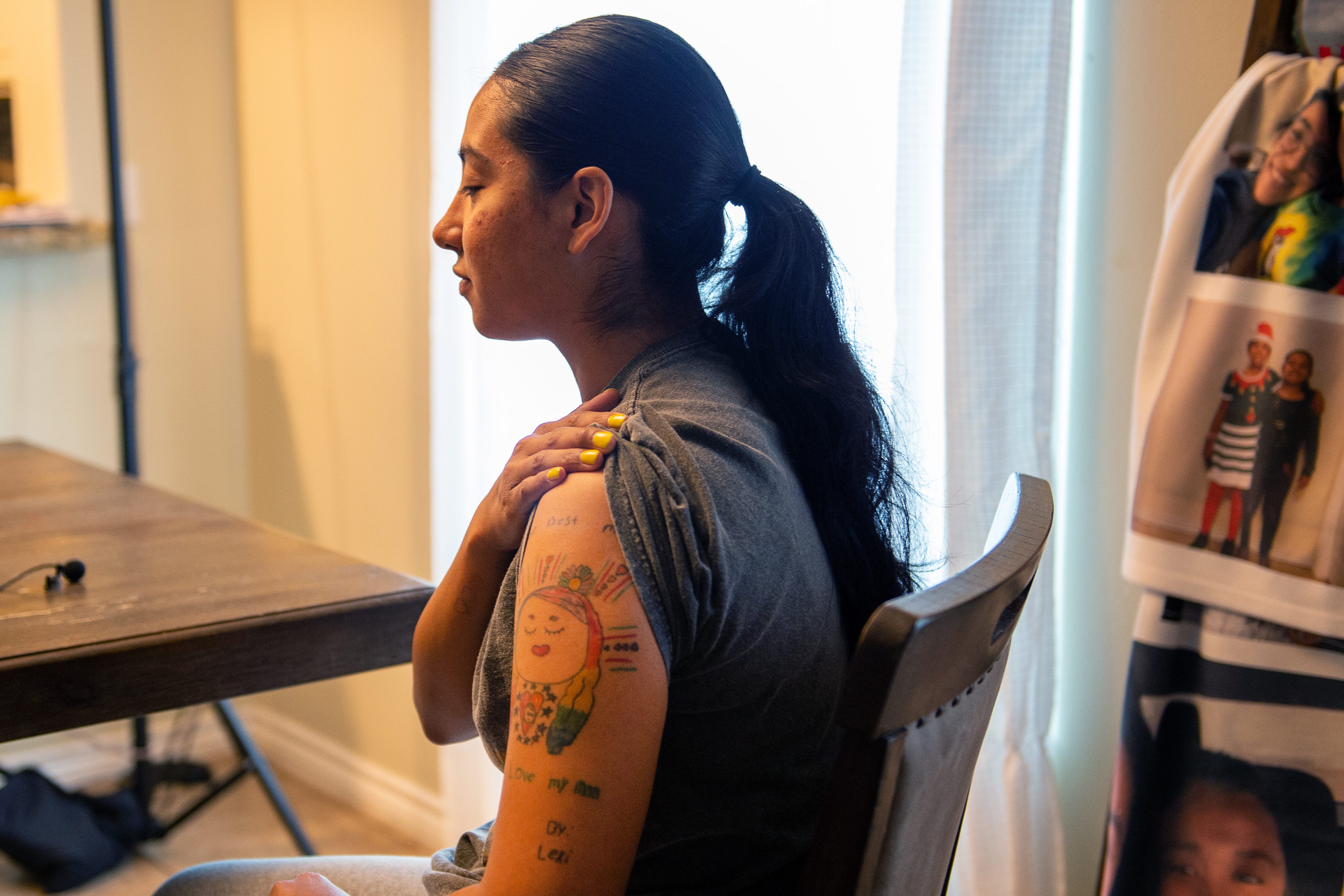 Kimberly Mata-Rubio shows a tattoo of a drawing made by her 10-year-old daughter Lexi Rubio. Lexi was one of the 19 students killed during the mass shooting at Robb Elementary School in Uvalde, Texas.