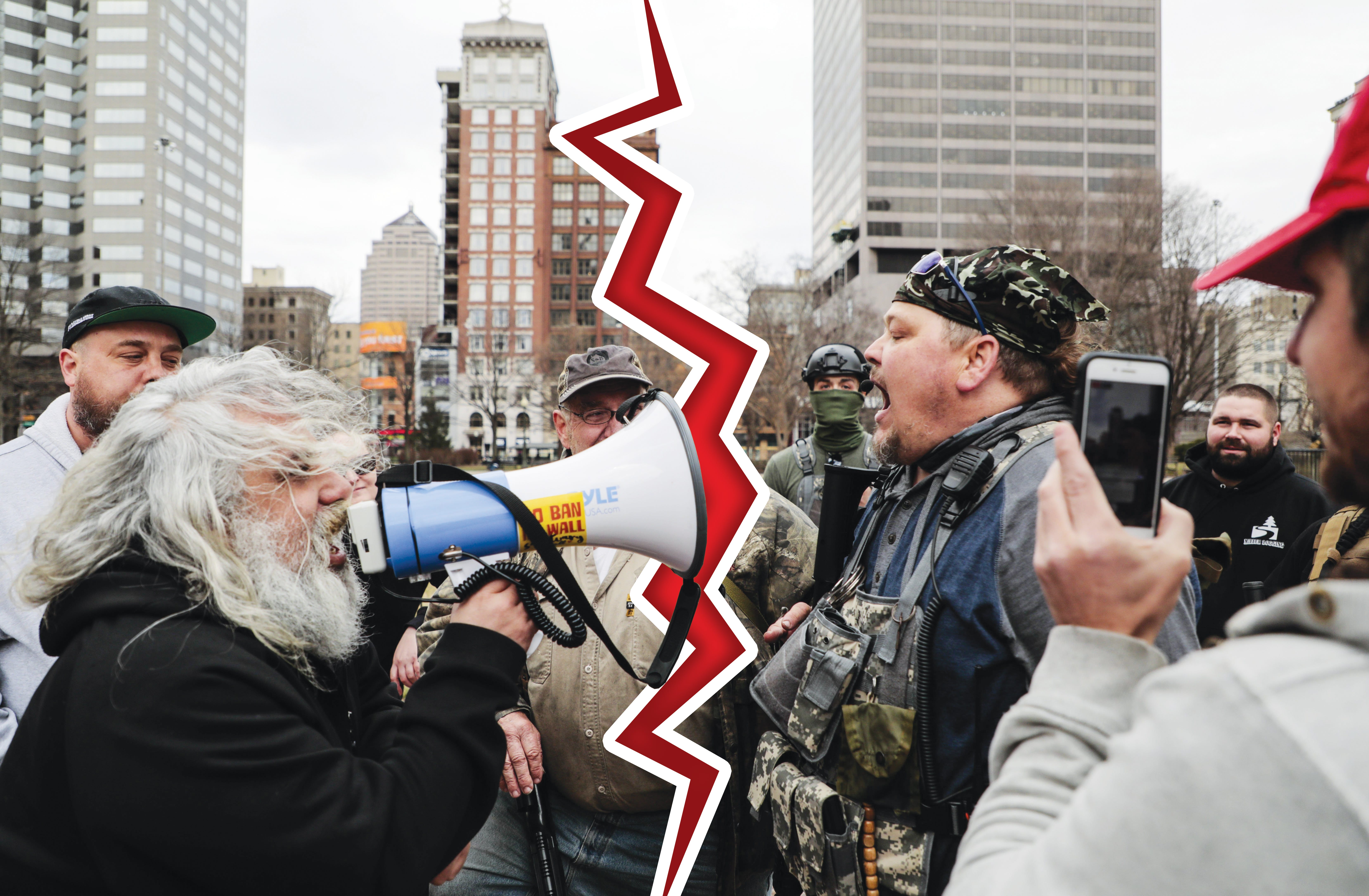 Counter-demonstrators and supporters of a pro-Second Amendment rally yell at each other on Thursday, March 28, 2019 at the Ohio Statehouse in Columbus, Ohio.