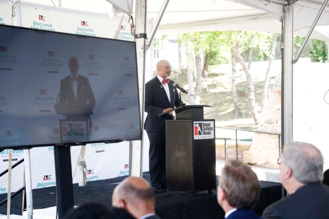 Russ Wigginton, president of the National Civil Rights Museum, speaks during a groundbreaking ceremony for the renovation of the museum's Legacy Building and Founders Park on Tuesday, May 16, 2023, in Memphis.