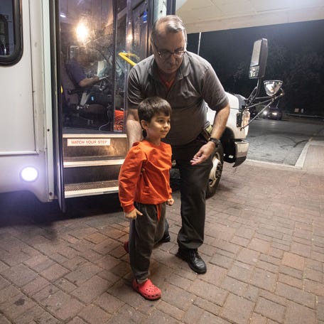 A young boy was among the families of asylum seekers led into the Ramada hotel in Yonkers onkers May 15, 2023. The families were being housed in New York City.