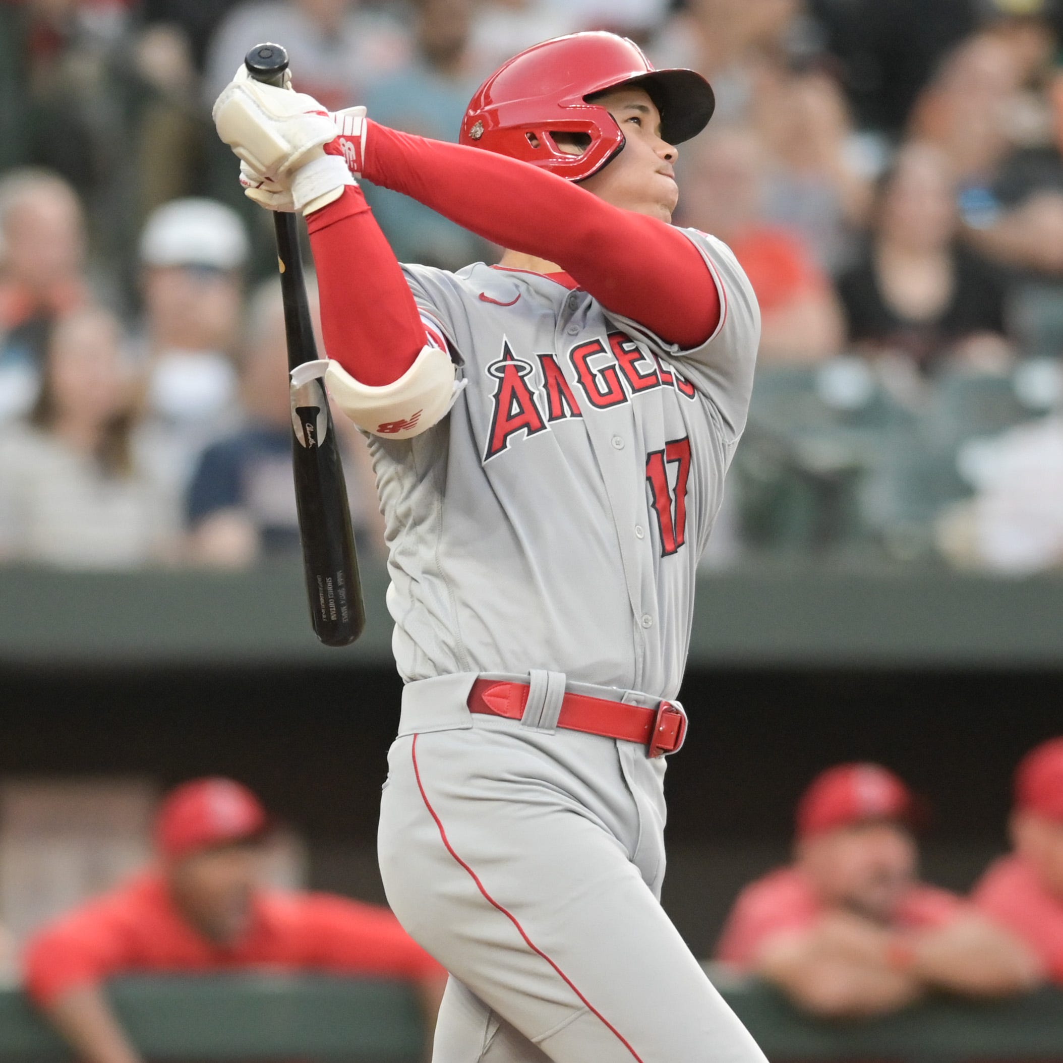 Shohei Ohtani hits a three-run home run against the Baltimore Orioles in the third inning at Oriole Park at Camden Yards.