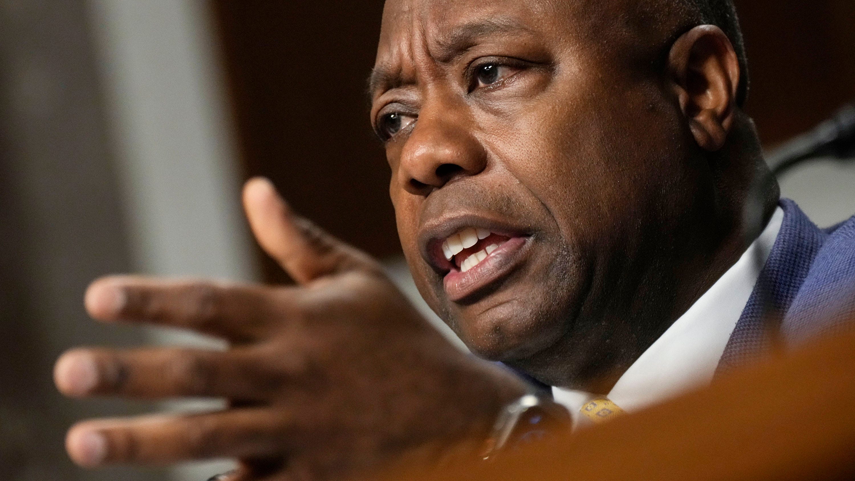 Committee ranking member Sen. Tim Scott (R-SC) questions former executives of failed banks during a Senate Banking Committee hearing on Capitol Hill May 16, 2023 in Washington, DC. The hearing was held to examine the recent failures of Silicon Valley Bank and Signature Bank. 
