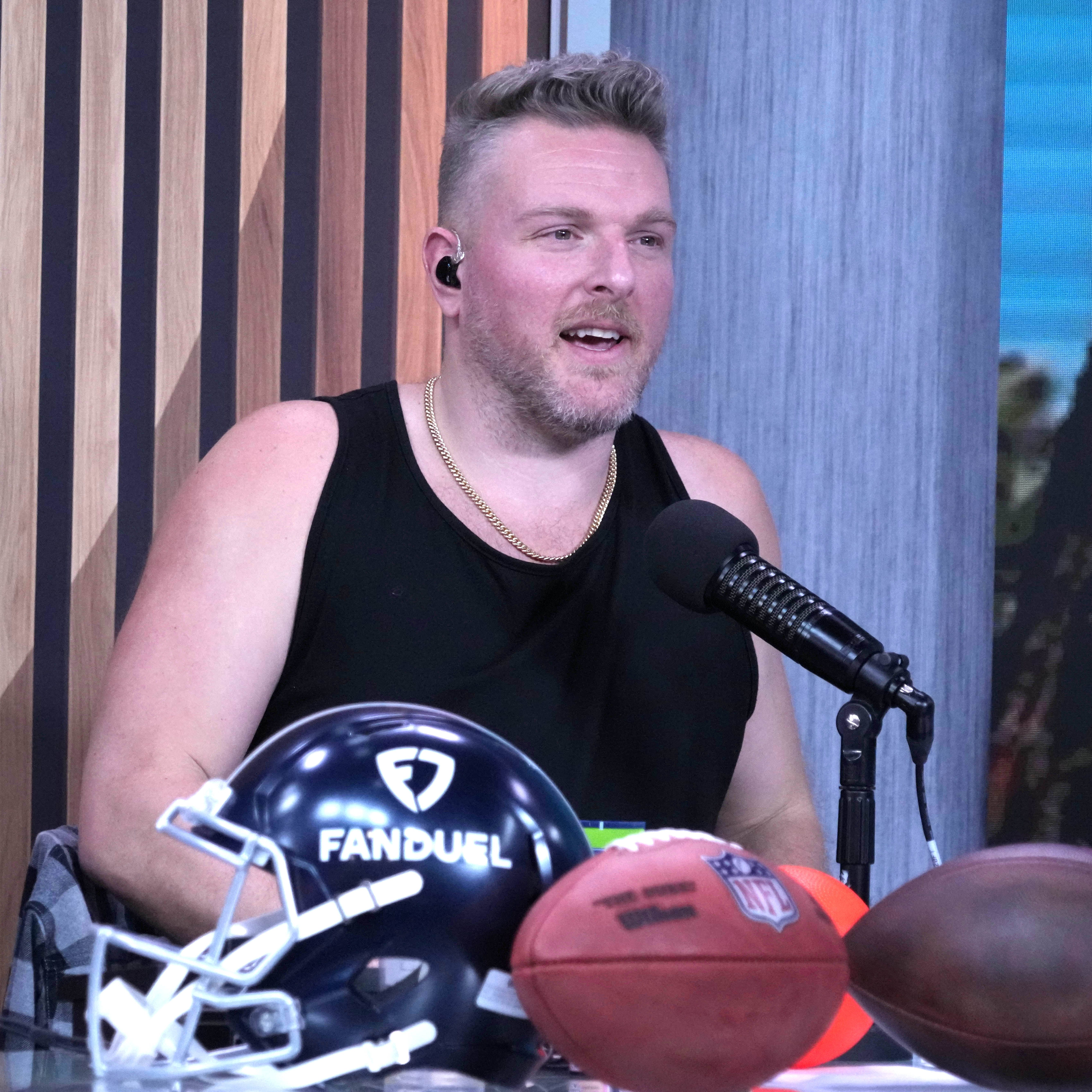 Pat McAfee on the FanDuel set on radio row at the Super Bowl 57 media center at the Phoenix Convention Center.