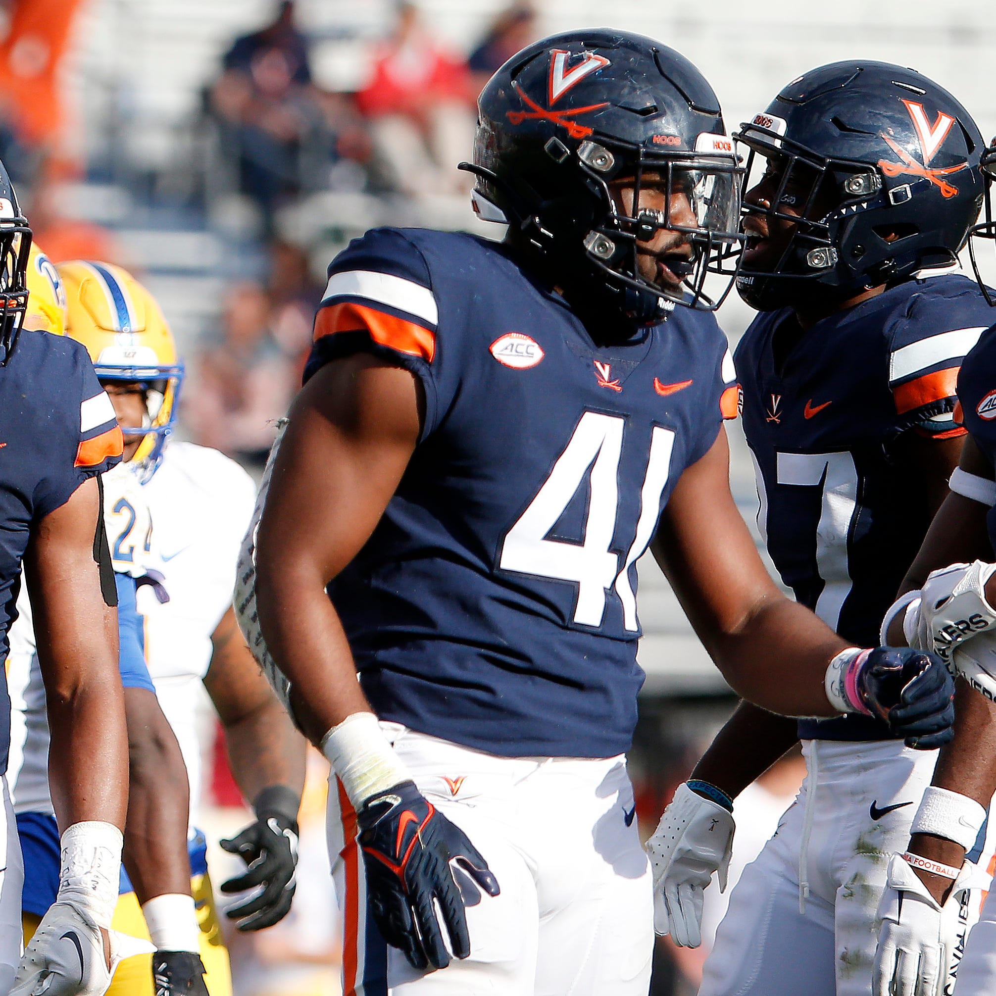 Nov 12, 2022; Charlottesville, Virginia, USA; Virginia Cavaliers linebacker D'Sean Perry (41) looks on from the field during a stoppage in play against the Pittsburgh Panthers during the second half at Scott Stadium.