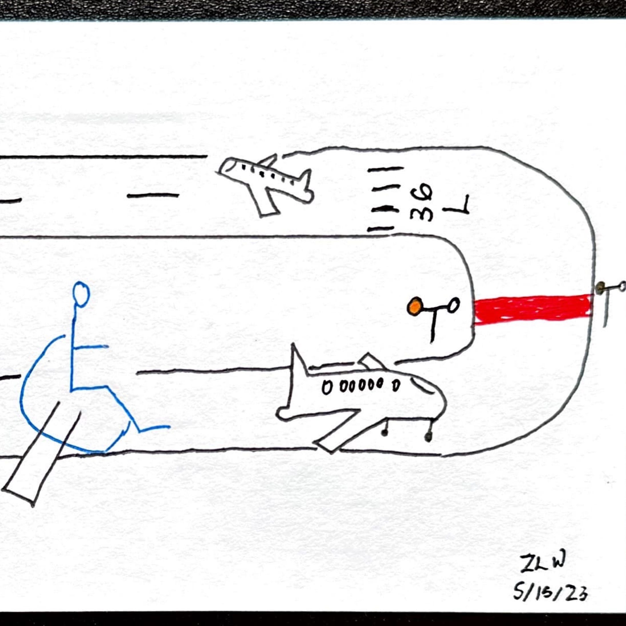 The proportions of this drawing may be off, but that doesn't mean accessibility in air travel isn't important.