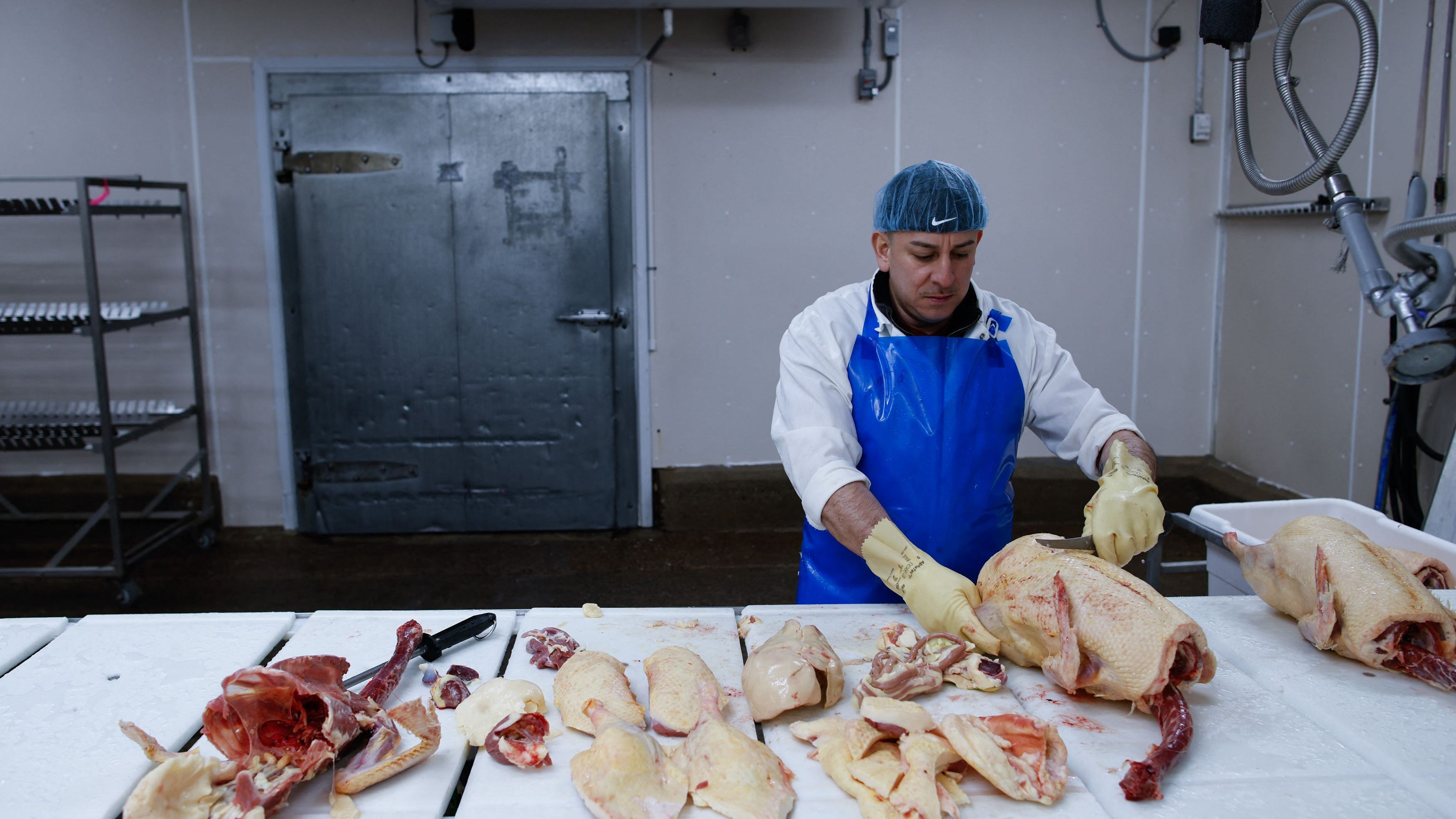An employee processes duck at Hudson Valley Foie Gras, in Ferndale, New York, on March 3, 2023.