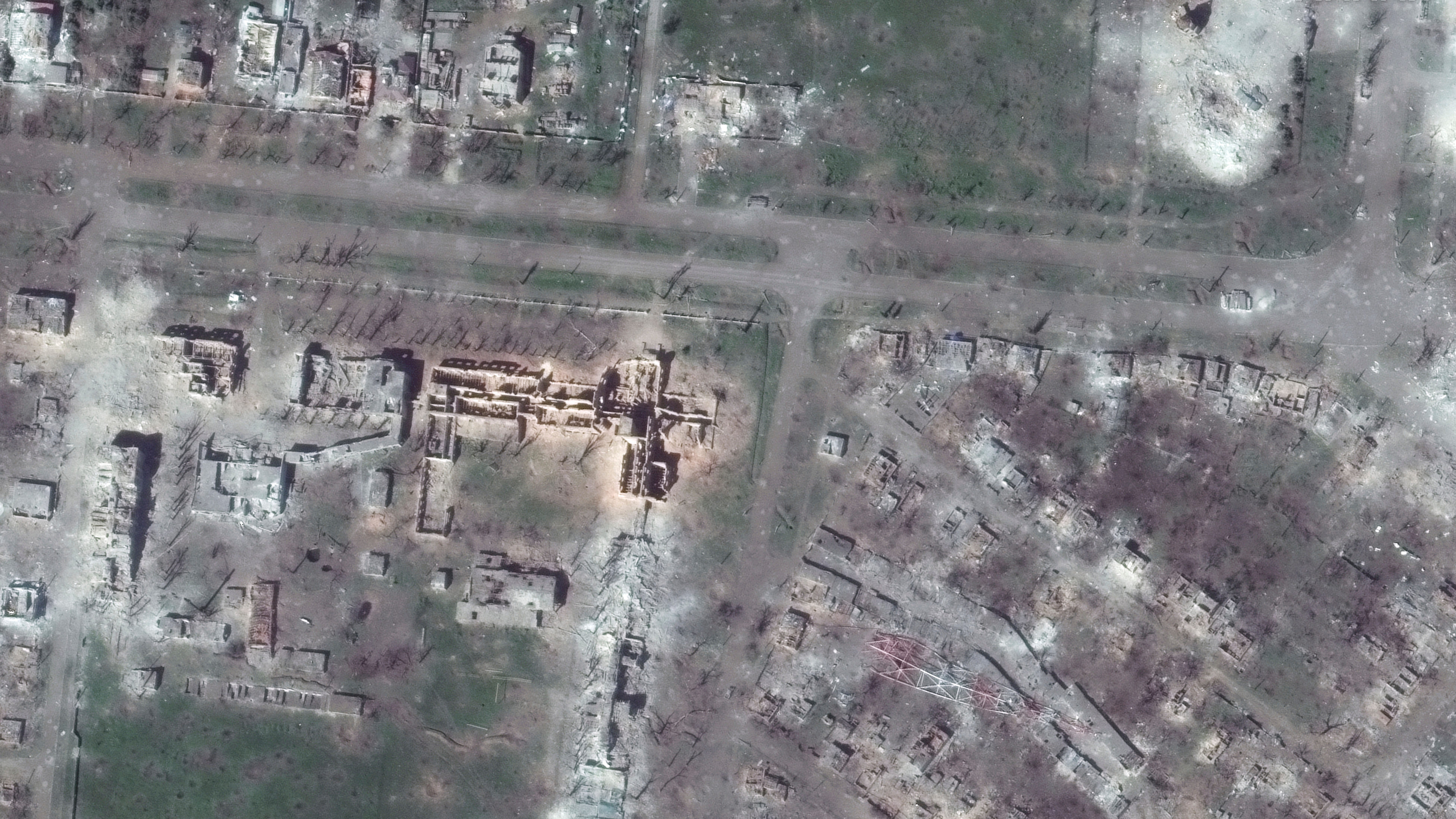 This satellite image provided by MaxarTechnologies shows the demolished university buildings and the radio tower in Bakhmut, Ukraine, on May 15, 2023.