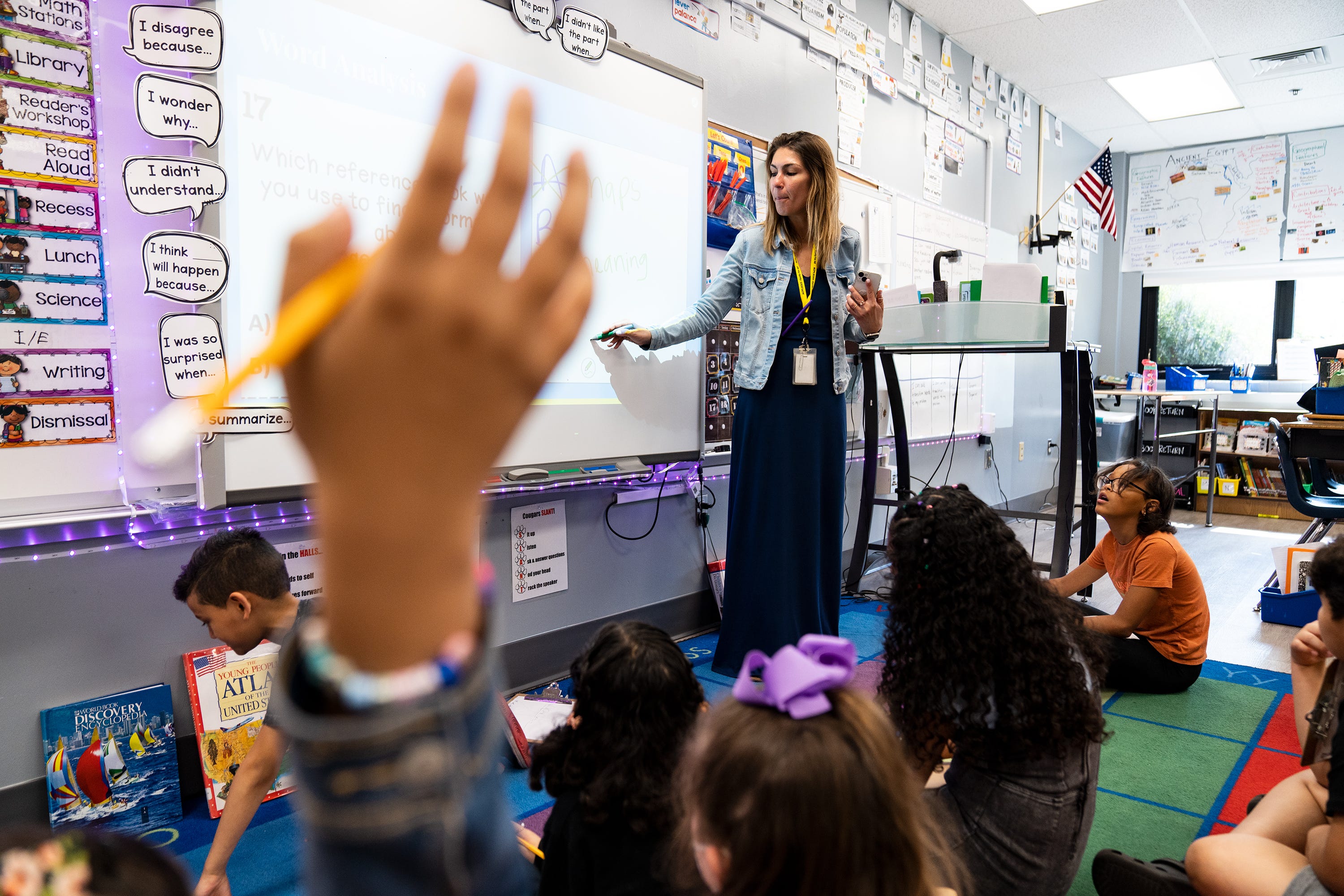 April 21, 2023; Alexandria, VA, USA; Daisy Andonyadis, a third grade teacher at Cora Kelly School, instructs her class Friday, April 21, 2023.. Mandatory Credit: Josh Morgan-USA TODAY [Via MerlinFTP Drop]