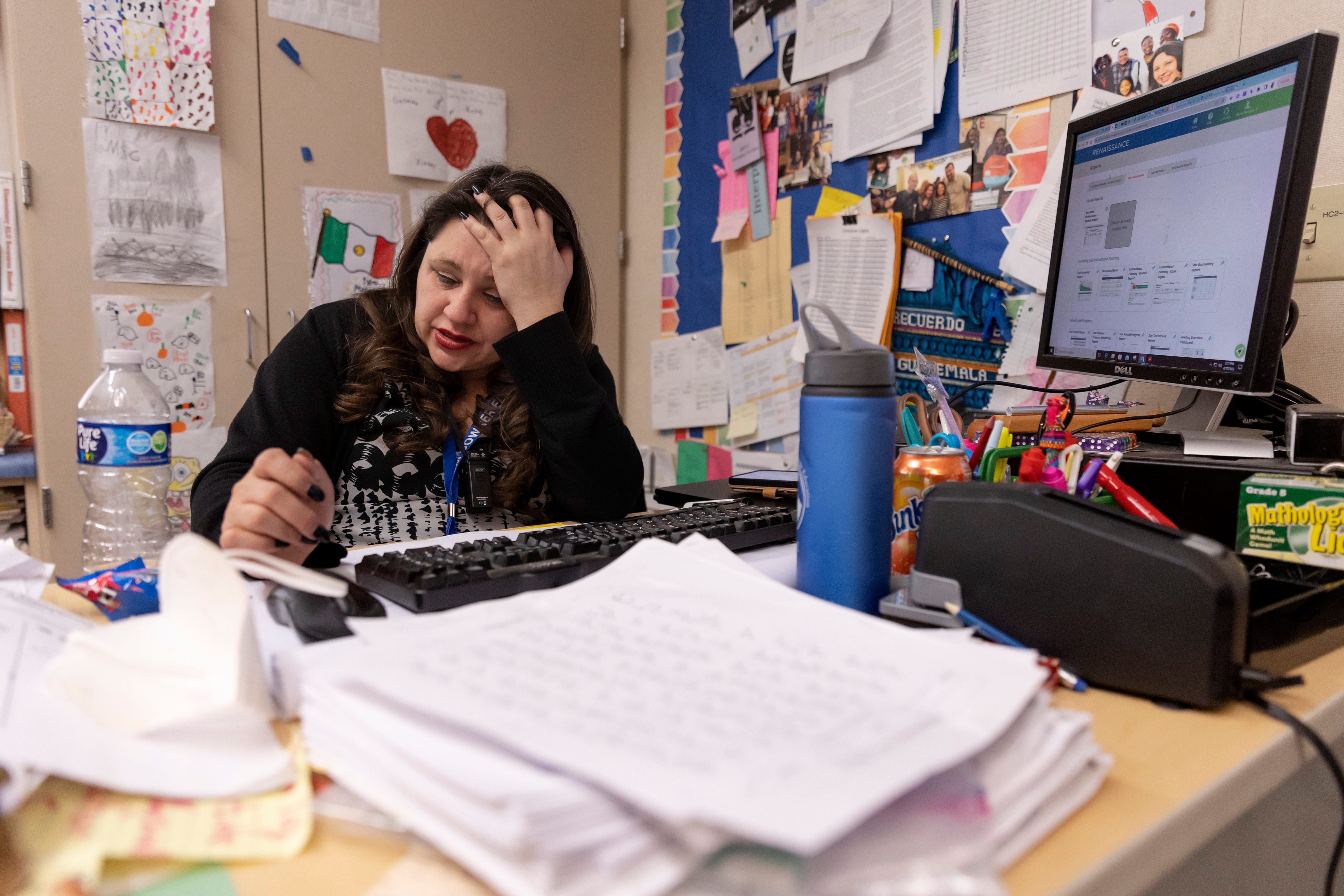 4th grade teacher Wendy Gonzalez sits at her desk after school at Downer Elementary on Monday April 17, 2023; San Pablo, Calif.