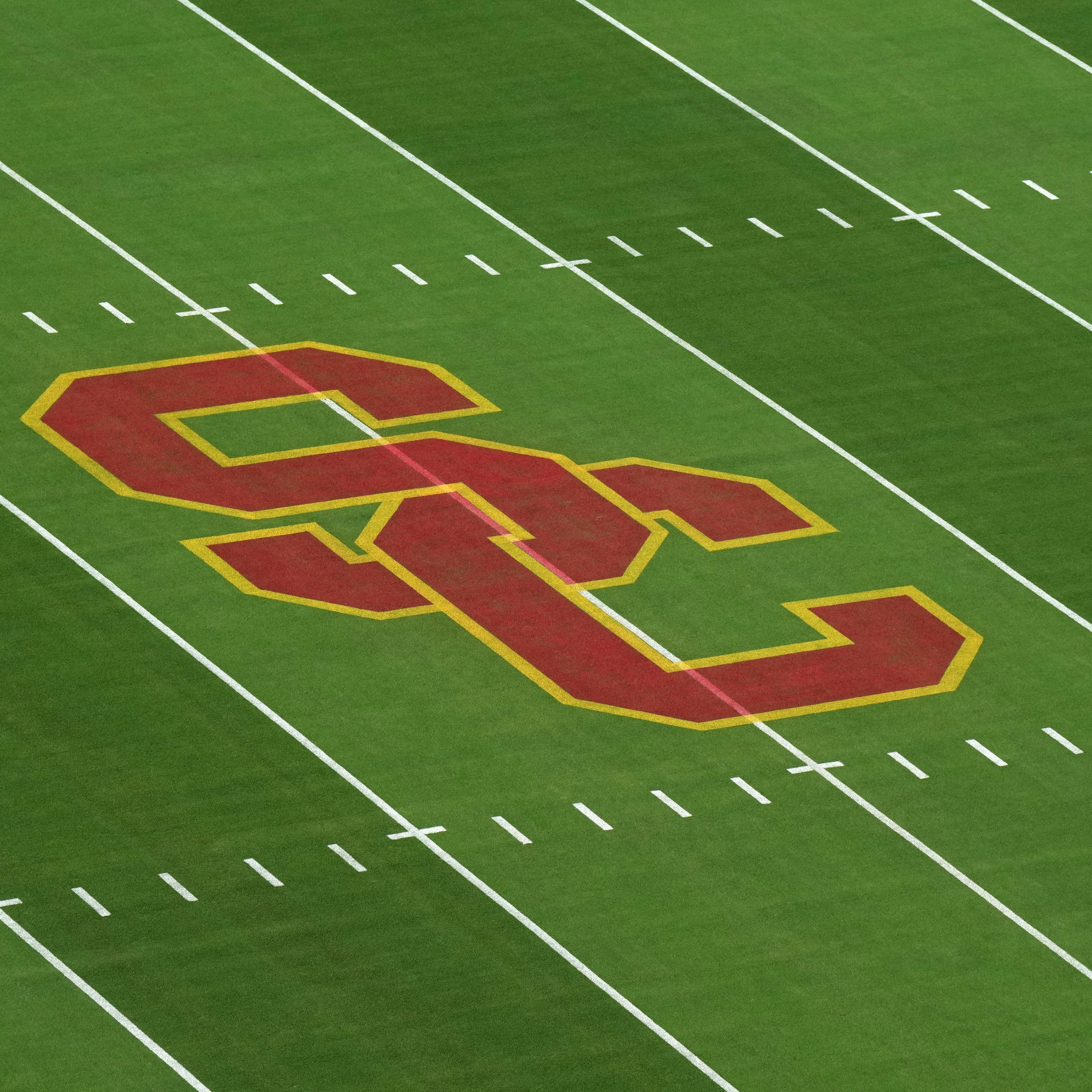 Sep 17, 2022; Los Angeles, California, USA; The SC Trojans logo at midfield at United Airlines Field at Los Angeles Memorial Coliseum before a game between the Fresno State Bulldogs and the Southern California Trojans. Mandatory Credit: Kirby Lee-USA TODAY Sports